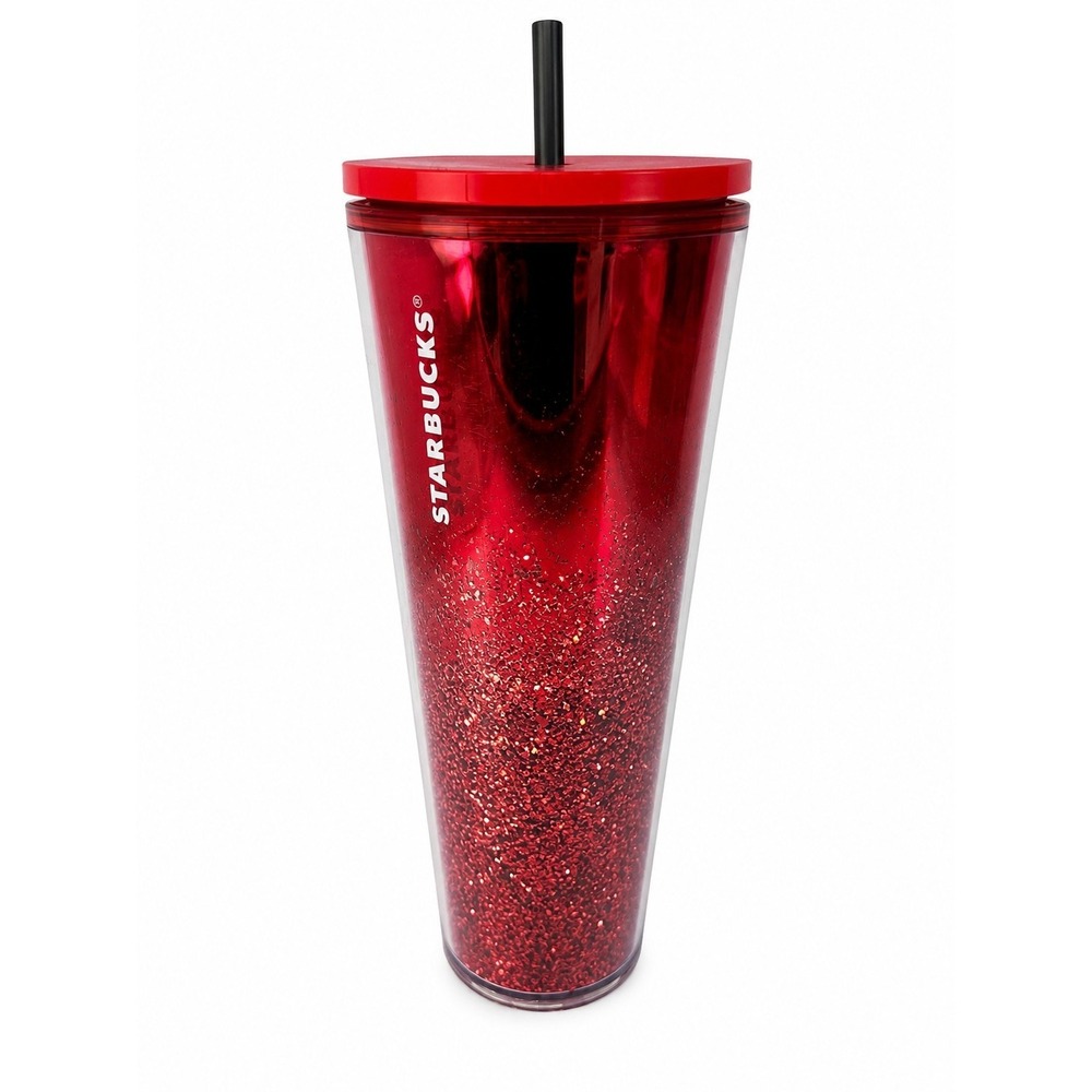 Starbucks Red Glitter Cold Cup Tumbler 24 oz Reusable Straw Holiday BPA Free